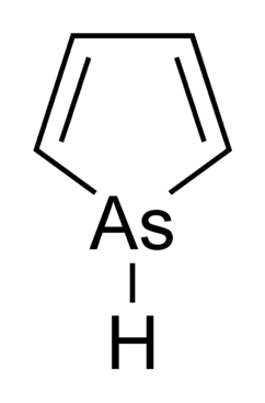 A cyclic molecule consisting of four CH2 groups and an arsenic, which is in turn attached to a hydrogen atom.